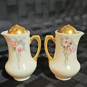 Floral Porcelain Salt and Pepper Shakers with Gold Accents